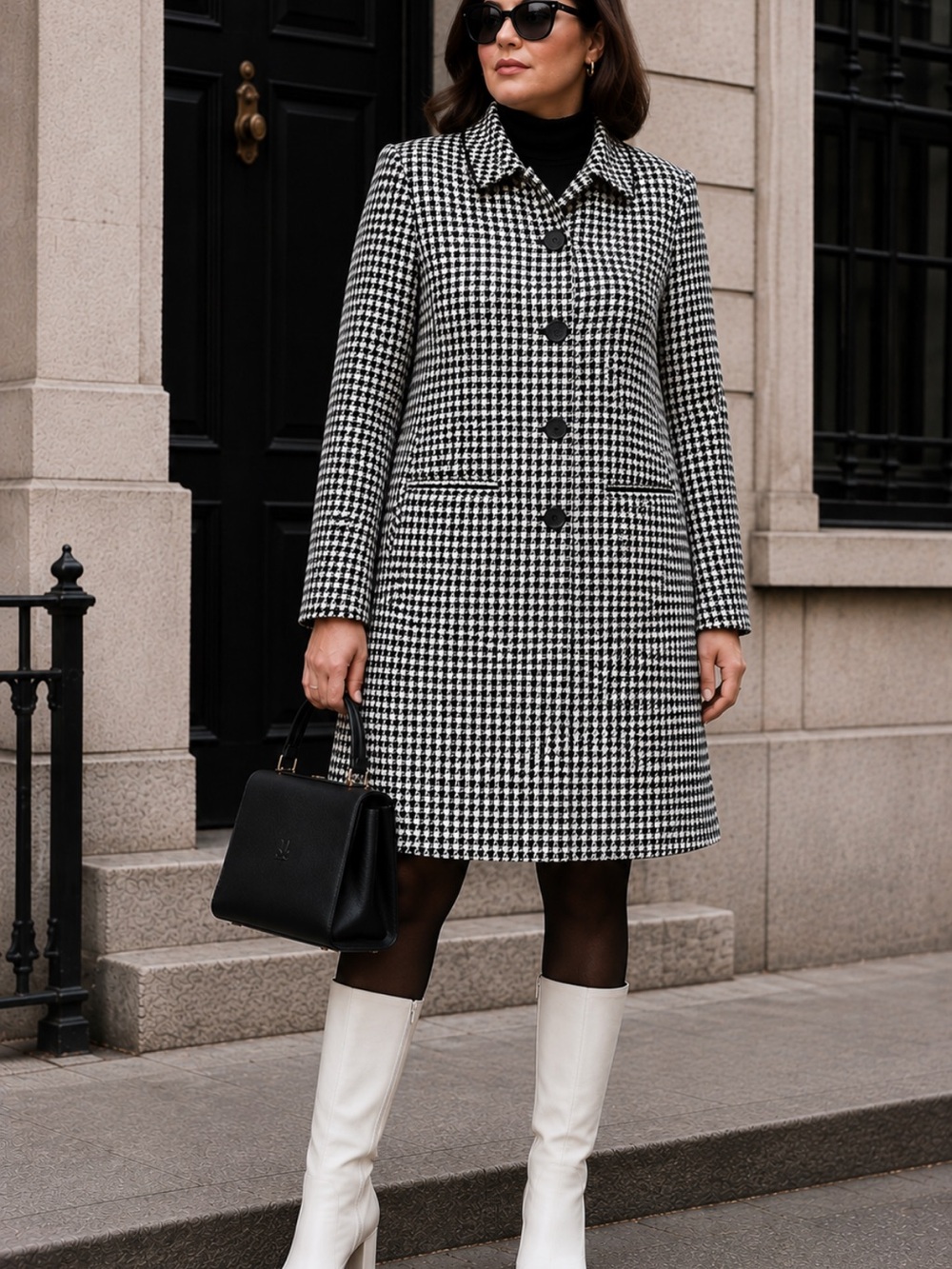 Apostrophe Black & White Houndstooth Wool Blend Coat Mod 60s Inspired Retro